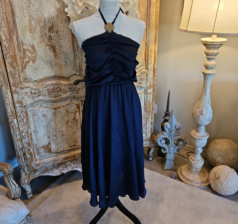 INC International Concepts Strapless Navy Ruched Bodice Midi Dress